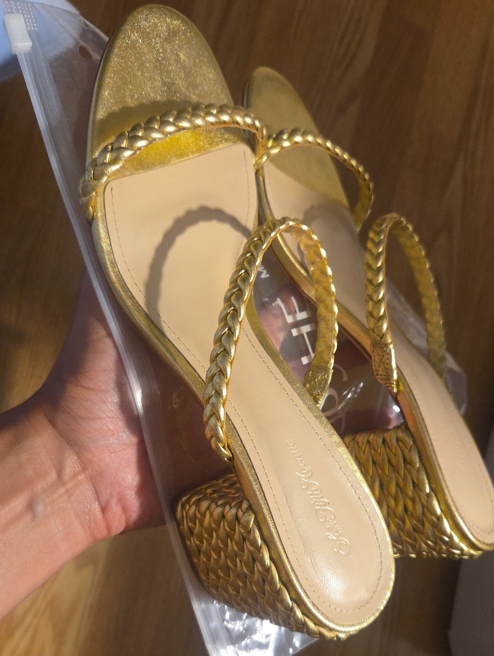 Saks Fifth Avenue Leather Gold Braided Strap Wedge Sandals
